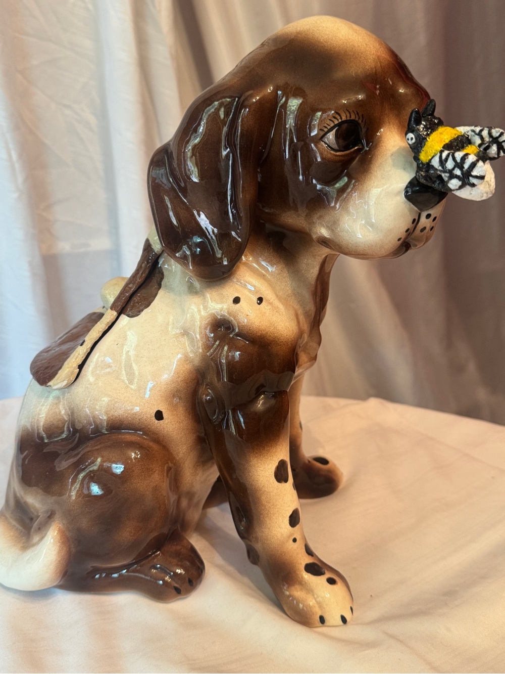 Brown Ceramic Puppy Figurine with Bee Accent